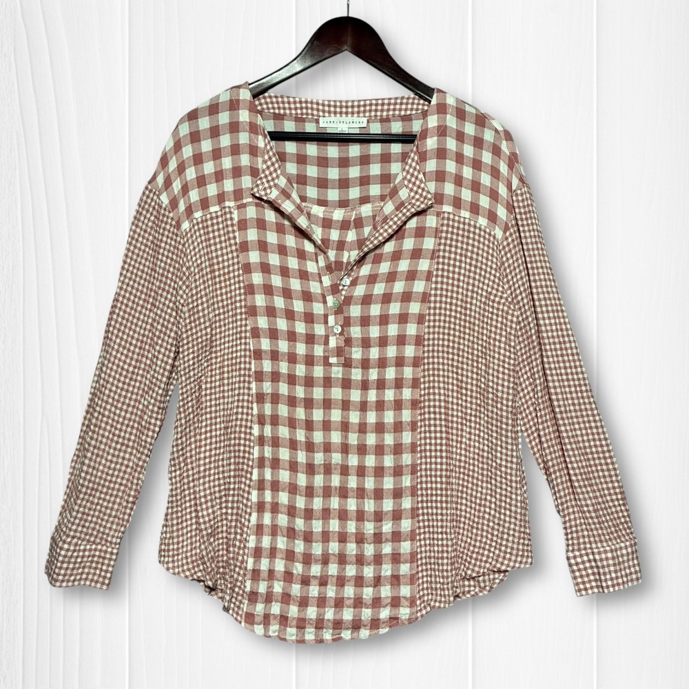 Jane & Delancey Gingham Mixed Print Lightweight Henley Top Women‎ Large Red